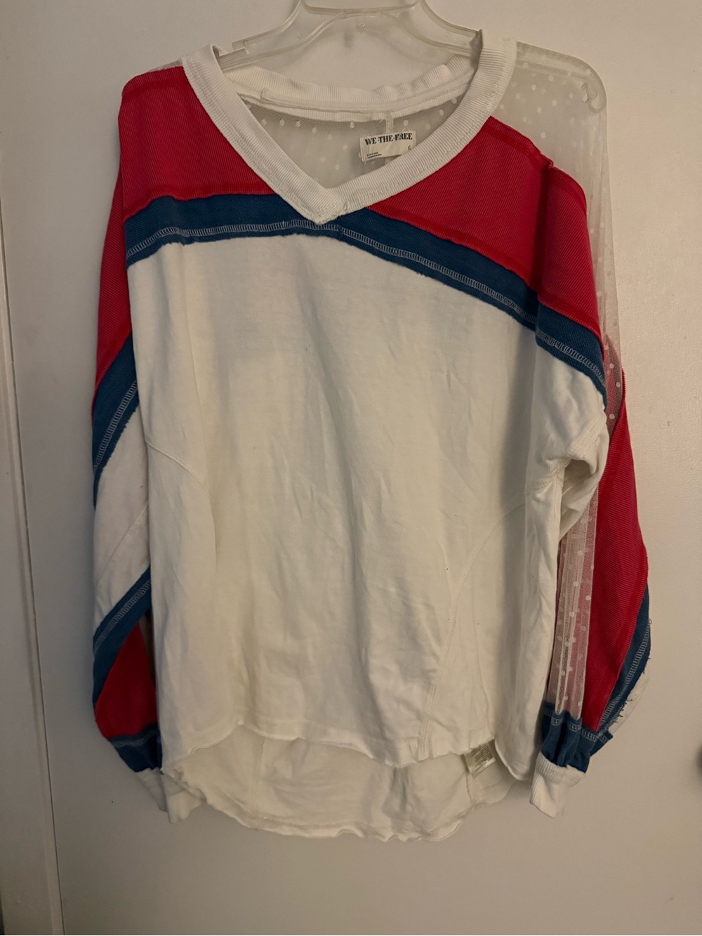 We The Free White Long Sleeve V-Neck Top with Pink and Blue Accents